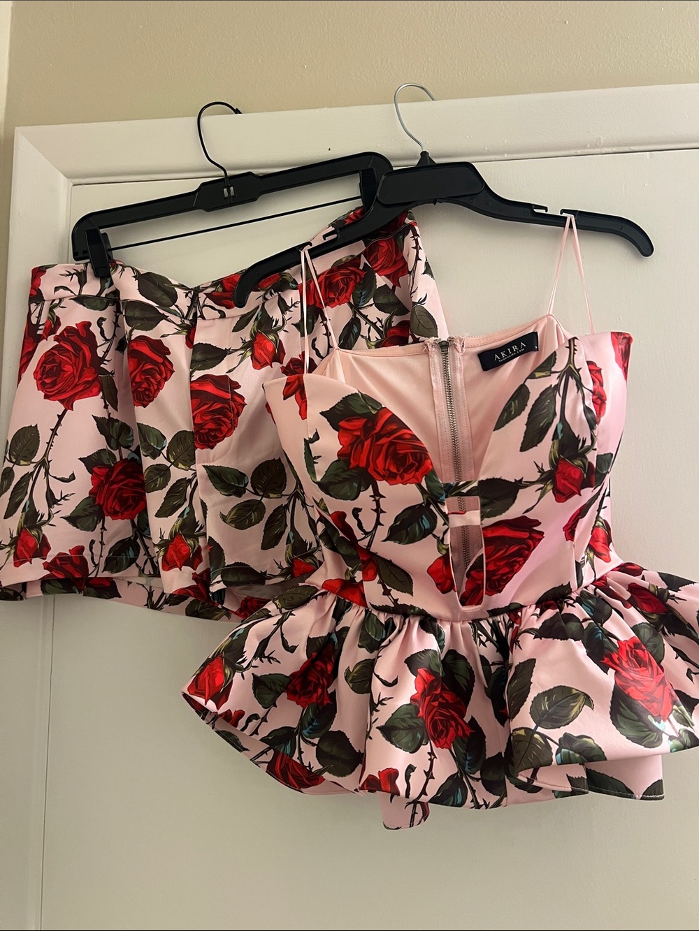 AKIRA Pink and Red Rose Print Peplum Bustier with Matching Skirt - Picture 5 of 7